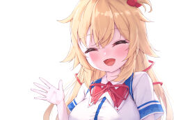 Rule 34 | 1girl, :d, ^ ^, absurdres, akai haato, akai haato (1st costume), blonde hair, blush, breasts, closed eyes, collared shirt, commentary request, dress shirt, facing viewer, hair between eyes, hair ornament, hand up, heart, heart hair ornament, highres, hololive, long hair, masaki (msk064), medium breasts, neck ribbon, one side up, open mouth, red ribbon, ribbon, shirt, short sleeves, simple background, smile, solo, striped ribbon, tears, virtual youtuber, white background, white shirt