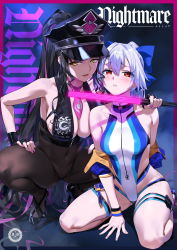 Rule 34 | 2girls, bead necklace, beads, bikini, black gloves, black hair, blue ribbon, blush, braid, competition swimsuit, detached sleeves, fate/grand order, fate (series), fingerless gloves, gloves, hair ribbon, hat, highres, jewelry, long braid, looking at viewer, multiple girls, necklace, one-piece swimsuit, peaked cap, police, police hat, police uniform, policewoman, ponytail, purple bikini, red eyes, ribbon, sessyoin kiara, sessyoin kiara (swimsuit mooncancer), sessyoin kiara (swimsuit mooncancer) (second ascension), single braid, swimsuit, tomoe gozen (fate), tomoe gozen (swimsuit saber) (fate), tomoe gozen (swimsuit saber) (first ascension) (fate), uniform, yd (orange maru), yellow eyes