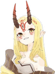 Rule 34 | 1girl, bare shoulders, blonde hair, breasts, facial mark, fate/grand order, fate (series), forehead mark, gradient horns, grin, highres, horns, ibaraki douji (fate), japanese clothes, kimono, long hair, looking at viewer, multicolored horns, off shoulder, oni, oni horns, pointy ears, sharp teeth, simple background, sketch, small breasts, smile, solo, tattoo, teeth, tenoo12, white background, yellow eyes