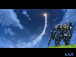Rule 34 | bottoms1237, clenched hand, cloud, from behind, highres, launching, letterboxed, looking up, mecha, no humans, original, robot, rocket, scenery, sky, solo