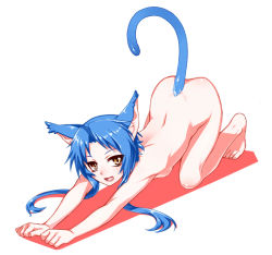 Rule 34 | 1girl, all fours, animal ears, ass, barefoot, blue hair, breasts, cat ears, cat stretch, cat tail, fangs, full body, kneeling, looking at viewer, nude, open mouth, original, sidelocks, simple background, small breasts, smile, solo, stretching, tail, top-down bottom-up, tsuki tokage, yellow eyes