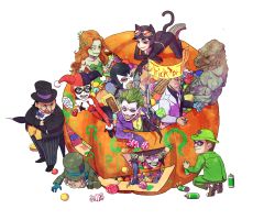 Rule 34 | 3girls, 6+boys, ?, absurdres, animal ears, bane, batman (series), black hair, blonde hair, blue eyes, bodysuit, bomb, bow, bowler hat, bowtie, brown hair, candy, cat ears, cat tail, catwoman, chocolate, cigarette, coin, dc comics, domino mask, explosive, fingerless gloves, food, formal, gloves, goggles, goggles on head, green eyes, green hair, gun, halloween, hand on headwear, harley quinn, harvey dent, hat, highres, jack-o&#039;-lantern, killer croc, leotard, lipstick, lollipop, mad hatter (alice in wonderland), mad hatter (dc), makeup, mask, monocle, multiple boys, multiple girls, necktie, orange hair, pinstripe pattern, plant, poison ivy, pumpkin, saddle shoes, scar, scarecrow (batman), scarecrow (dc), selina kyle, shoes, spray paint, stitches, striped, suit, swirl lollipop, tail, the joker, the penguin, the riddler, top hat, toy gun, two-face, umbrella, vines, waistcoat, weapon
