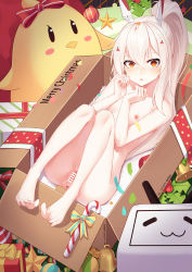 Rule 34 | 1girl, anus, ayanami (azur lane), azur lane, bar censor, bell, blonde hair, blush, box, breasts, candy, candy cane, censored, christmas, commentary request, food, full body, ge zhong kuaile, gift, hair between eyes, hands up, headgear, highres, in box, in container, knees up, legs up, long hair, looking at viewer, manjuu (azur lane), merry christmas, mistletoe, nipples, nude, open mouth, own hands together, ponytail, pussy, red eyes, small breasts, solo, star (symbol)