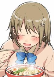Rule 34 | 1girl, blue bow, blue bowtie, blush, bow, bowl, bowtie, breasts, brown cardigan, brown hair, cardigan, char-siu, chopsticks, closed eyes, eating, egg, flower, food, hair flower, hair ornament, hands up, holding, holding bowl, holding chopsticks, idolmaster, idolmaster cinderella girls, idolmaster cinderella girls starlight stage, large breasts, long sleeves, meandros, mimura kanako, noodles, open mouth, plump, ramen, school uniform, shirt, short hair, simple background, smile, solo, spring onion, steam, sumeragi kohaku, sweat, white background, white shirt