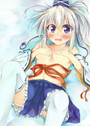 Rule 34 | 1girl, blush, covering privates, covering breasts, detached sleeves, gift, hat, hat ribbon, kuzumomo, looking at viewer, mononobe no futo, navel, open mouth, ponytail, purple eyes, ribbon, silver hair, skirt, solo, spread legs, thighhighs, topless, touhou, white thighhighs