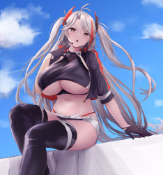 Rule 34 | 1girl, absurdres, azur lane, bad id, bad twitter id, black gloves, black jacket, black panties, blue sky, blush, breasts, cropped jacket, gloves, hair ornament, half gloves, highres, huge breasts, jacket, long hair, looking at viewer, midriff, multicolored hair, navel, official alternate costume, open clothes, open jacket, open mouth, orange eyes, outdoors, panties, prinz eugen (azur lane), prinz eugen (final lap) (azur lane), silver hair, sitting, sky, solo, streaked hair, thighhighs, twintails, underboob, underwear, very long hair, yuuki shuri