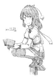 Rule 34 | 1girl, dated, full body, geta, greyscale, hat, highres, kawashina (momen silicon), loafers, looking at viewer, monochrome, pointy ears, scarf, shameimaru aya, shoes, short hair, simple background, skirt, smile, solo, squatting, tengu-geta, thighhighs, tokin hat, touhou, white background