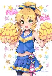 Rule 34 | 1girl, armpits, bike shorts, black shorts, blonde hair, blue shirt, blue skirt, blush, bow, breasts, collarbone, commentary request, corrupted twitter file, dot nose, green eyes, hair between eyes, hair bow, hands up, highres, holding, holding pom poms, idolmaster, idolmaster cinderella girls, idolmaster cinderella girls u149, looking at viewer, navel, open mouth, paopao, pleated skirt, pom pom (cheerleading), pom poms, ponytail, sakurai momoka, shirt, shorts, sidelocks, skirt, sleeveless, sleeveless shirt, small breasts, smile, solo, star (symbol), thighs, wavy hair, white background