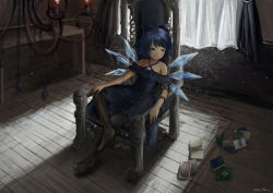 Rule 34 | 1girl, absurdres, alternate costume, artist name, bare shoulders, black pantyhose, blue bow, blue eyes, blue hair, book, bow, candle, chandelier, cirno, collarbone, crossed legs, curtains, dress, eyebrows hidden by hair, fire, fire, flat chest, foot up, full body, gothic lolita, hair bow, halterneck, hand on leg, highres, huge filesize, ice, ice wings, indoors, jack masser, light particles, lolita fashion, looking to the side, night, no shoes, off-shoulder dress, off shoulder, pantyhose, shadow, short hair, sitting, solo, swept bangs, throne, touhou, window, wings, wooden floor