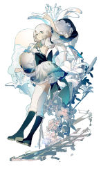 Rule 34 | 1girl, arm up, black footwear, blue bow, blue bowtie, blue eyes, boots, bow, bowtie, commentary, detached sleeves, dress, flower, flower facial mark, full body, highres, knee boots, lobelia (saclia), long sleeves, looking at viewer, midair, original, oversized flower, parted lips, petticoat, short hair, simple background, solo, thighhighs, white background, white dress, white flower, white hair, white sleeves, white thighhighs