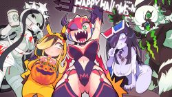 Rule 34 | 3d glasses, 5girls, boomina, boomina the maidroid, breasts, cleavage, cosplay, fangs, from below, gashi-gashi, halloween, halloween costume, highres, large breasts, long hair, looking at another, looking at viewer, monster energy-chan, multicolored hair, multiple girls, navel, open mouth, pikachu (cosplay), product girl, starbucks, stb-chan, twintails, underboob