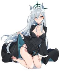 Rule 34 | 1girl, absurdres, animal ears, bare legs, black choker, black dress, black panties, blue archive, blue eyes, blush, breasts, broken halo, choker, cleavage, clothes lift, covered navel, dark halo, deitaku, diamond-shaped pupils, diamond (shape), dress, dress lift, expressionless, frilled sleeves, frills, full body, hair between eyes, halo, hand on own thigh, hand up, high heels, highres, kneeling, leaning forward, leaning to the side, legs, lifted by self, long dress, long hair, long sleeves, medium breasts, mismatched pupils, panties, parted lips, presenting, shiroko (blue archive), shiroko terror (blue archive), simple background, skin tight, slit pupils, solo, staring, symbol-shaped pupils, thigh strap, thighs, underwear, very long hair, white background, white hair, wide sleeves