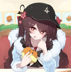 Rule 34 | 1girl, :p, black hat, black nails, black shirt, blush, brown eyes, brown hair, burger, collarbone, commentary, eating, eicyan123, fingernails, flat cap, flower, flower-shaped pupils, food, fur-trimmed hood, fur trim, genshin impact, hair flower, hair ornament, hat, hat flower, highres, holding, holding food, hood, hood down, hooded jacket, hu tao (genshin impact), jacket, long hair, looking at viewer, nail polish, open clothes, open jacket, plum blossoms, red flower, shirt, solo, symbol-shaped pupils, tongue, tongue out, twintails, upper body, white jacket
