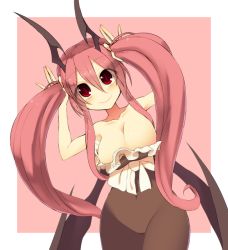 Rule 34 | 1girl, alternate costume, bow, breasts, cleavage, commentary request, hair between eyes, head wings, holding, holding hair, koakuma, kuresento, large breasts, long hair, low wings, navel, no bra, no panties, no pants, open clothes, pantyhose, pink background, red eyes, red hair, sidelocks, simple background, slit pupils, smile, solo, touhou, twintails, wide hips, wings