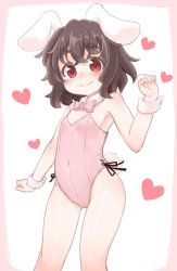 Rule 34 | 1girl, absurdres, animal ears, black hair, blush, bow, bowtie, detached collar, heart, highres, inaba tewi, kibisake, leotard, looking at viewer, playboy bunny, rabbit ears, rabbit girl, rabbit tail, red eyes, short hair, smile, solo, sweat, tail, touhou, wrist cuffs
