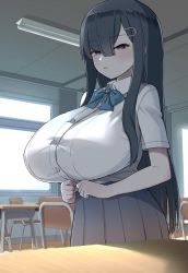 Rule 34 | 1girl, absurdres, akitokage, black hair, blue bow, blue bowtie, blue skirt, blunt ends, blush, bow, bowtie, breasts, bursting breasts, chair, classroom, collared shirt, cowboy shot, desk, hair ornament, hairclip, highres, huge breasts, indoors, long hair, looking at viewer, nozomi (akitokage01), open mouth, original, own hands together, pink lips, pleated skirt, purple eyes, school desk, school uniform, shirt, shirt tucked in, short sleeves, sidelocks, skirt, solo, standing, straight hair, very long hair, white shirt, window
