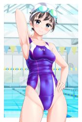 Rule 34 | 1girl, absurdres, armpits, black hair, blue eyes, breasts, clock, clothes writing, competition swimsuit, covered navel, goggles, goggles on head, groin, hand on own hip, highres, indoors, lane line, one-piece swimsuit, original, pool, presenting armpit, purple one-piece swimsuit, small breasts, solo, string of flags, swim cap, swimsuit, takafumi, white headwear