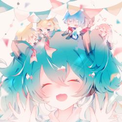 Rule 34 | &gt; &lt;, 2boys, 4girls, :d, ahoge, angry, aqua hair, black dress, black sleeves, blonde hair, blue eyes, blue hair, blue scarf, blush, brown hair, chibi, chibi on head, closed eyes, commentary, confetti, dress, english commentary, facing away, fuyuzuki gato, gift, hair between eyes, hair ornament, hair ribbon, hairclip, hands up, happy, hatsune miku, highres, holding, holding gift, holding ribbon, jacket, kagamine len, kagamine rin, kaito (vocaloid), long hair, long sleeves, lying, megurine luka, meiko (vocaloid), mini person, miniboy, minigirl, multiple boys, multiple girls, music, musical note, on head, on stomach, open mouth, pink hair, pink ribbon, profile, red shirt, ribbon, scarf, shirt, simple background, singing, smile, string of flags, twintails, u u, vocaloid, white background, white jacket, white ribbon, | |