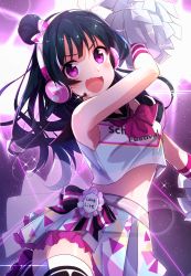 Rule 34 | 1girl, :d, absurdres, arm up, armpits, bare arms, bare shoulders, black hair, black sailor collar, black thighhighs, blush, breasts, cheerleader, clothes writing, commentary request, cowboy shot, crop top, crop top overhang, fang, goroo (eneosu), hair bun, headphones, highres, holding, holding pom poms, light particles, long hair, looking at viewer, love live!, love live! school idol festival, love live! sunshine!!, midriff, miniskirt, navel, open mouth, pleated skirt, pom pom (cheerleading), pom poms, purple eyes, ribbon, sailor collar, shirt, single hair bun, skirt, sleeveless, sleeveless shirt, small breasts, smile, solo, stage lights, standing, stomach, thighhighs, tsushima yoshiko, v-shaped eyebrows, white shirt, white skirt, zettai ryouiki