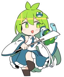 Rule 34 | 1girl, blue skirt, blush, detached sleeves, frog hair ornament, gohei, green eyes, green hair, hair between eyes, hair ornament, hair tubes, holding, ini (inunabe00), japanese clothes, kochiya sanae, nontraditional miko, open mouth, ribbon-trimmed sleeves, ribbon trim, skirt, smile, snake hair ornament, solo, touhou, wide sleeves