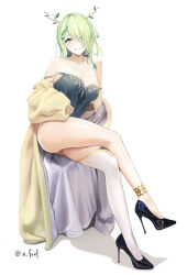 Rule 34 | 1girl, a fxxf, absurdres, alternate costume, antlers, asymmetrical legwear, black footwear, blush, breasts, ceres fauna, cleavage, closed mouth, full body, green eyes, green hair, high heels, highres, hololive, hololive english, horns, large breasts, leaf, long bangs, looking at viewer, mole, mole under eye, no panties, open clothes, patent heels, pumps, pussy, shadow, shoes, simple background, single thighhigh, sitting, sleeveless, smile, solo, stiletto heels, thighhighs, twitter username, virtual youtuber, white background, white thighhighs