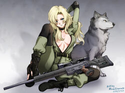 Rule 34 | 1girl, animal, artist name, belt, black footwear, blonde hair, blue eyes, boots, breasts, collar, cross-laced footwear, dated, fingerless gloves, full body, gloves, gun, h&amp;k psg1, lace-up boots, large breasts, long hair, long sleeves, looking at viewer, metal gear (series), metal gear solid, mina cream, rifle, sitting, sniper rifle, sniper wolf, solo, weapon, wolf