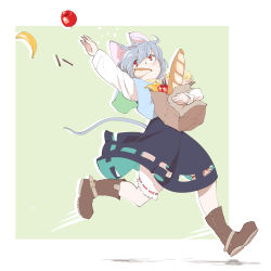 Rule 34 | 1girl, animal ears, apple, arm up, bag, baguette, bakuha, banana, black skirt, bloomers, boots, bread, bread slice, brown footwear, capelet, cheese, drop shadow, dropping, food, food in mouth, fruit, green background, grey hair, groceries, highres, holding, holding bag, long sleeves, mouse ears, mouse tail, mouth hold, nazrin, paper bag, reaching, red eyes, running, shirt, short hair, simple background, skirt, solo, tail, toast, toast in mouth, touhou, underwear, wafer stick, white shirt, zipper