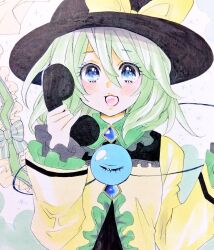 Rule 34 | 1girl, black hat, blouse, blue eyes, bow, buttons, corded phone, diamond button, eyeball, frilled shirt collar, frilled sleeves, frills, frown, hat, hat bow, holding, holding phone, komeiji koishi, light green hair, long sleeves, looking at viewer, matsuppoi, medium hair, open mouth, phone, shikishi, shirt, smile, solo, third eye, touhou, traditional media, upper body, wavy hair, wide sleeves, yellow bow, yellow shirt