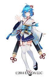 Rule 34 | 1girl, ahoge, bare shoulders, black bow, black footwear, blue eyes, blue hair, blue skirt, bow, bow (weapon), character request, closed mouth, copyright notice, eisuto, hair between eyes, hair bow, hand up, holding, holding bow (weapon), holding weapon, japanese clothes, kimono, long sleeves, looking at viewer, obi, official art, oshiro project:re, pleated skirt, sandals, sash, short hair, simple background, skirt, sleeveless, sleeveless kimono, smile, socks, solo, standing, standing on one leg, tabi, weapon, white background, white kimono, white sleeves, white socks, wide sleeves, zouri