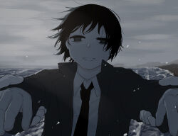 Rule 34 | 1boy, absurdres, avogado6, bags under eyes, beach, black eyes, black hair, black jacket, black necktie, collared shirt, colored skin, commentary, day, dress shirt, empty eyes, highres, holding another&#039;s wrist, horizon, jacket, long sleeves, looking at viewer, male focus, necktie, ocean, open clothes, open jacket, open mouth, original, outdoors, overcast, pov, pov hands, shirt, short hair, sidelighting, sky, smile, snowing, solo focus, upper body, waves, white shirt, white skin