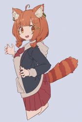 Rule 34 | 1girl, ahoge, animal ear fluff, black jacket, blazer, blush, bow, brown eyes, brown hair, brown hoodie, clothes lift, commentary request, cropped legs, ear piercing, grey background, hair ornament, hairclip, highres, hood, hood down, hoodie, jacket, lifted by tail, long sleeves, looking at viewer, low twintails, nail polish, nijisanji, open clothes, open jacket, open mouth, piercing, pleated skirt, ratna petit, red bow, red nails, red panda ears, red panda tail, red skirt, short twintails, simple background, sirataki umauma, skirt, skirt lift, solo, striped tail, tail, twintails, virtual youtuber, x hair ornament