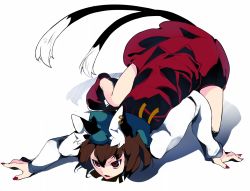 Rule 34 | 1girl, all fours, animal ears, brown hair, cat ears, cat tail, chen, earrings, hat, hoop earrings, ikurauni, jewelry, long sleeves, mob cap, multiple earrings, multiple tails, nail polish, open mouth, red eyes, red nails, red skirt, shadow, short hair, simple background, skirt, skirt set, solo, tail, top-down bottom-up, touhou, two tails, white background