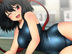Rule 34 | 1girl, ;d, alternate costume, black hair, blue one-piece swimsuit, blurry, blurry background, blush, breasts, commentary, hair between eyes, hat, looking at viewer, lying, medium breasts, on side, one-piece swimsuit, one eye closed, open mouth, poolside, red eyes, red hat, school swimsuit, shameimaru aya, short hair, skin tight, smile, solo, swimsuit, tokin hat, touhou, wet, wet clothes, wet swimsuit, yadokari genpachirou