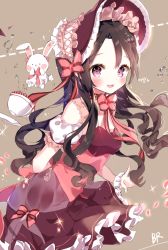 Rule 34 | 1girl, artist name, bad id, bad pixiv id, black hair, blush, bonnet, brown background, cup, curly hair, detached sleeves, dohj00, dotted line, dress, frilled skirt, frills, hair between eyes, long hair, looking at viewer, open mouth, original, parted bangs, pink ribbon, puffy sleeves, purple eyes, red dress, ribbon, saucer, signature, skirt, smile, solo, spilling, stuffed animal, stuffed rabbit, stuffed toy, teacup, teeth