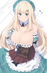 Rule 34 | 1girl, bad id, bad pixiv id, bare shoulders, blonde hair, blunt bangs, blush, breasts, cleavage, closed mouth, collarbone, commentary, cowboy shot, detached collar, detached sleeves, dress, frills, gloves, green dress, green eyes, hair ornament, hairclip, hat, highres, large breasts, long hair, looking at viewer, mukuba, puffy short sleeves, puffy sleeves, senran kagura, short sleeves, smile, solo, very long hair, white gloves, yomi (senran kagura)