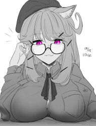 Rule 34 | 1girl, animal ears, arknights, beret, blush, breasts, character name, dated, dokonjou (odossan), glasses, hat, highres, jacket, large breasts, long hair, long sleeves, looking at viewer, official alternate costume, purple eyes, slit pupils, smile, solo, spot color, utage (arknights), white background