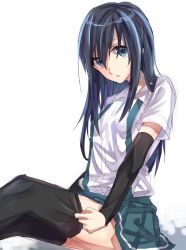 Rule 34 | 10s, 1girl, adjusting clothes, adjusting legwear, arm warmers, asashio (kancolle), betti (maron), black hair, black thighhighs, blouse, blue eyes, kantai collection, long hair, looking at viewer, pleated skirt, school uniform, shirt, skirt, solo, suspenders, thighhighs, white shirt