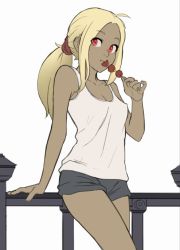 Rule 34 | 1girl, against railing, ahoge, alternate hairstyle, arm support, ass, bare shoulders, black shorts, blonde hair, breasts, casual, cleavage, closed mouth, collarbone, dark-skinned female, dark skin, eyes visible through hair, food, gravity daze, gravity daze 2, kitten (gravity daze), legs, long hair, looking at viewer, low ponytail, meat, mleth, ponytail, railing, red eyes, red scrunchie, scrunchie, shirt, short shorts, shorts, simple background, skewer, small breasts, solo, standing, tank top, thighs, white background, white shirt