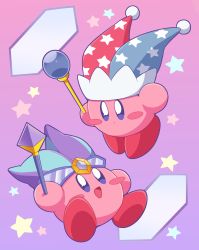 Rule 34 | 2others, blue eyes, blush stickers, colored skin, copy ability, dual persona, feet together, gradient background, happy, hat, highres, holding, holding weapon, jester cap, kirby, kirby: planet robobot, kirby (series), kirby super star, looking at another, looking up, mirror, multicolored background, multicolored clothes, multicolored hat, multiple others, nintendo, no humans, open mouth, patterned clothing, pink background, pink skin, pom pom (clothes), purple background, solo, star (symbol), star print, subaru331, two-tone background, wand, weapon