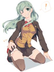 Rule 34 | !, 10s, 1girl, aqua hair, bow, breasts, brown jacket, brown skirt, brown thighhighs, frilled skirt, frills, full body, green eyes, grin, hair ornament, hairclip, hand on own thigh, jacket, kantai collection, kneeling, kouga (mutsumi), long hair, long sleeves, looking at viewer, medium breasts, one eye closed, pleated skirt, red bow, remodel (kantai collection), school uniform, shirt, skirt, smile, solo, spoken exclamation mark, suzuya (kancolle), thighhighs, white background, white shirt