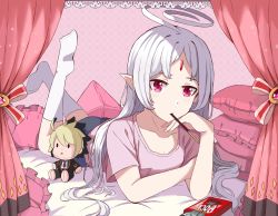 Rule 34 | 1girl, ahoge, aruvian13, character doll, commission, curtains, feet up, food, forehead jewel, highres, kido hyde, lying, on stomach, pillow, pink shirt, pink theme, pocky, pointy ears, red eyes, shirt, socks, under night in-birth, vatista, white hair