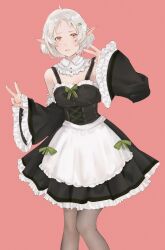Rule 34 | &gt;:(, 1girl, alternate costume, apron, bare shoulders, black dress, black sleeves, breasts, brown pantyhose, chaiijpg, cleavage, closed mouth, collar, detached collar, detached sleeves, double v, dress, elf, enmaided, frilled apron, frilled collar, frilled dress, frilled sleeves, frills, green ribbon, hair ornament, hairpin, highres, looking at viewer, maid, maid apron, medium breasts, mushoku tensei, pantyhose, pointy ears, red background, red eyes, ribbon, short hair, simple background, sleeveless, sleeveless dress, solo, standing, sylphiette (mushoku tensei), v, v-shaped eyebrows, waist apron, white apron, white collar, white hair, wide sleeves