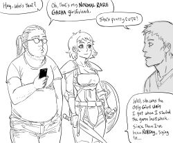 Rule 34 | 1girl, 2boys, armor, bad id, bb (baalbuddy), breasts, cellphone, cleavage, closed mouth, commentary, english commentary, english text, facial hair, gacha, gameplay mechanics, glasses, greyscale, highres, holding, holding phone, holding shield, holding sword, holding weapon, inactive account, medium breasts, monochrome, multiple boys, opaque glasses, original, otaku, pants, phone, ponytail, shield, shirt, smartphone, smile, stubble, sword, weapon