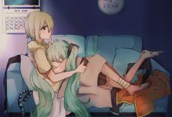 Rule 34 | 2019, 2girls, aqua hair, aqua necktie, bandages, bare shoulders, belt, black skirt, calendar (object), clock, closed eyes, commentary, couch, finger to mouth, gomiyama, green eyes, green hair, gumi, hair ornament, hatsune miku, highres, holding, holding hair ornament, hood, hoodie, hug, index finger raised, june, long hair, multiple girls, nail polish, necktie, on couch, pillow, shoulder tattoo, sitting, skirt, sleeping, sleeping on person, tattoo, thighhighs, twintails, unworn clothes, unworn necktie, very long hair, vocaloid, yuri