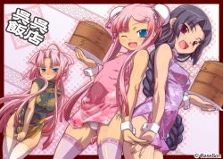 Rule 34 | 3girls, absurdres, black hair, blue eyes, blush, braid, bun cover, china dress, chinese clothes, covering privates, covering crotch, double bun, dress, fang, flat chest, fundoshi, highres, hikage eiji, japanese clothes, koihime musou, long hair, multiple girls, official art, one eye closed, panties, pantyshot, pink hair, red eyes, ribbon, short dress, shuutai, side-tie panties, skirt, skirt tug, sonken, sonshoukou, thighhighs, translation request, underwear, very long hair, wink