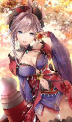 Rule 34 | 1girl, akatsuki hijiri, black thighhighs, blue eyes, blue kimono, blush, breasts, cleavage, clothing cutout, cowboy shot, day, detached sleeves, earrings, fate/grand order, fate (series), hair ornament, highres, holding, holding leaf, japanese clothes, jewelry, kimono, large breasts, leaf, leaf print, long hair, looking at viewer, magatama, maple leaf print, miyamoto musashi (fate), miyamoto musashi (third ascension) (fate), navel cutout, obi, open mouth, outdoors, pink hair, ponytail, sash, signature, sleeveless, sleeveless kimono, smile, solo, thighhighs, wide sleeves
