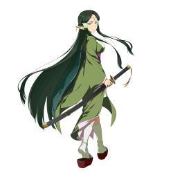 Rule 34 | 1girl, absurdly long hair, clogs, closed mouth, floating hair, from side, frown, full body, green eyes, green hair, green kimono, green legwear, highres, holding, holding sheath, japanese clothes, katana, kimono, long hair, long sleeves, looking at viewer, official art, parted bangs, pointy ears, sakuya (sao), sandals, sheath, sheathed, solo, standing, sword, sword art online, tabi, transparent background, very long hair, weapon, wide sleeves, yukata, zouri
