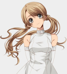 Rule 34 | 1girl, bare shoulders, breasts, brown hair, dress, elbow gloves, gloves, grey background, grey eyes, head tilt, long hair, looking at viewer, misteor, original, simple background, smile, solo, twintails, very long hair, white dress
