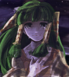 Rule 34 | 1girl, bad id, bad pixiv id, blunt bangs, blurry, crying, crying with eyes open, feena (grandia), game arts, grandia, grandia i, green hair, hair ornament, hair tubes, hand on own chest, jewelry, long hair, looking at viewer, moonlight, necklace, night, nouko (ina39), smile, solo, tears, upper body