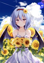 Rule 34 | 1girl, alternate costume, bare shoulders, bat wings, blue hair, blue sky, blush, bow, cloud, collarbone, commentary request, day, dress, feet out of frame, flower, frilled dress, frills, hair between eyes, hair flower, hair ornament, hairband, highres, holding, holding flower, hyurasan, lens flare, light particles, looking at viewer, no headwear, no headwear, o-ring, outdoors, petals, red bow, red eyes, red hairband, red sash, remilia scarlet, sash, short hair, sky, smile, solo, spaghetti strap, standing, sunflower, sunflower hair ornament, touhou, white dress, wings